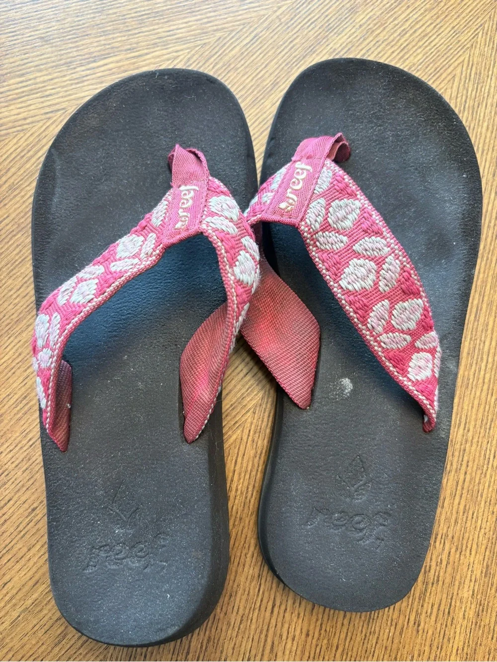 Reef Pink Embroidered Strap Black Footbed Flip Flops